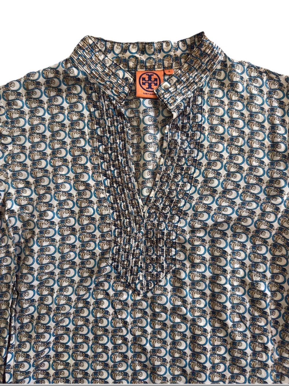 Tory Burch Elephant Print Cotton Pintuck Tunic Top Blouse Blue Beige Sz 8